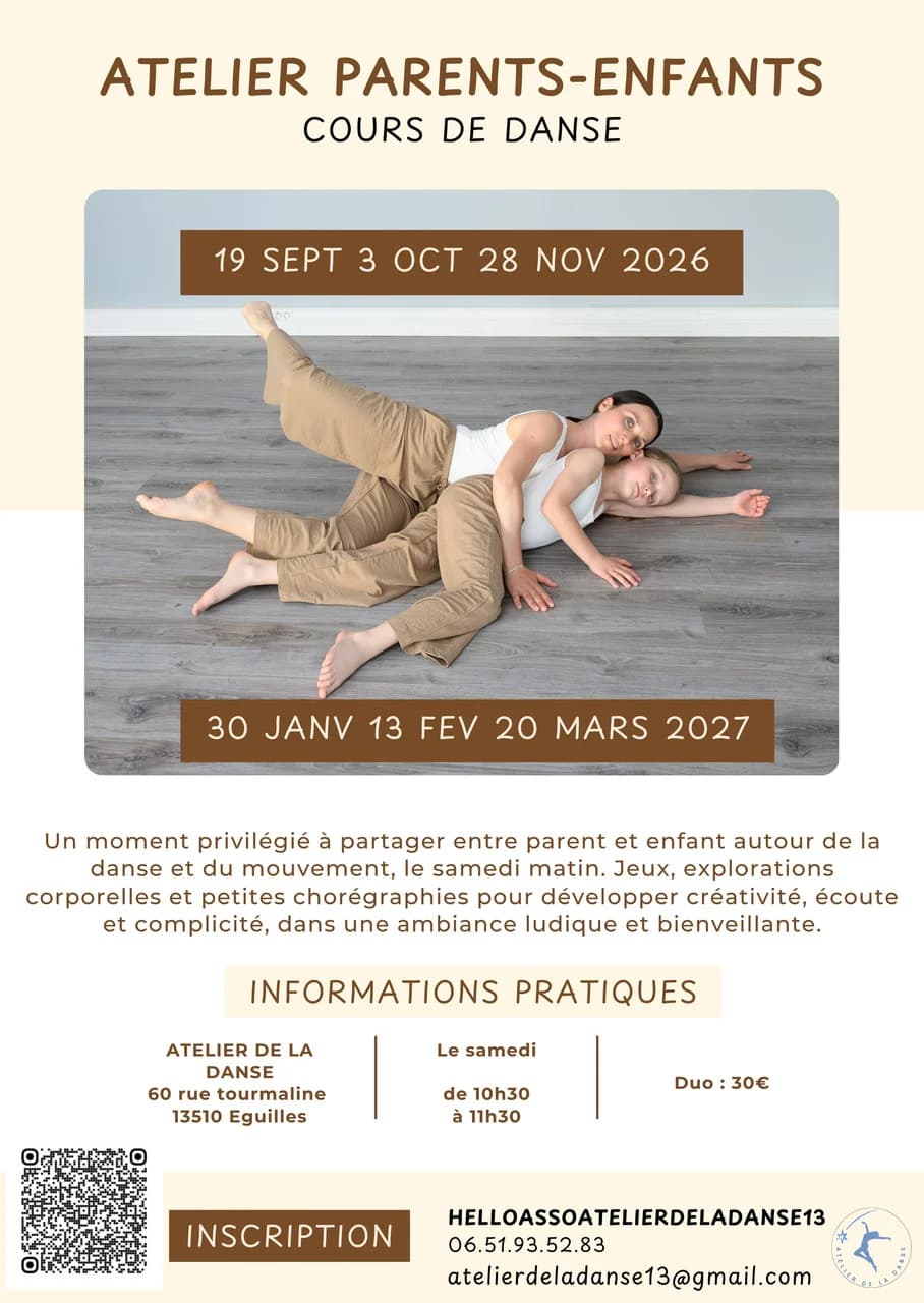 Affiche de l'atelier parent-enfant : dates 2026-2027, samedi 10h30-11h30, 30 € le duo