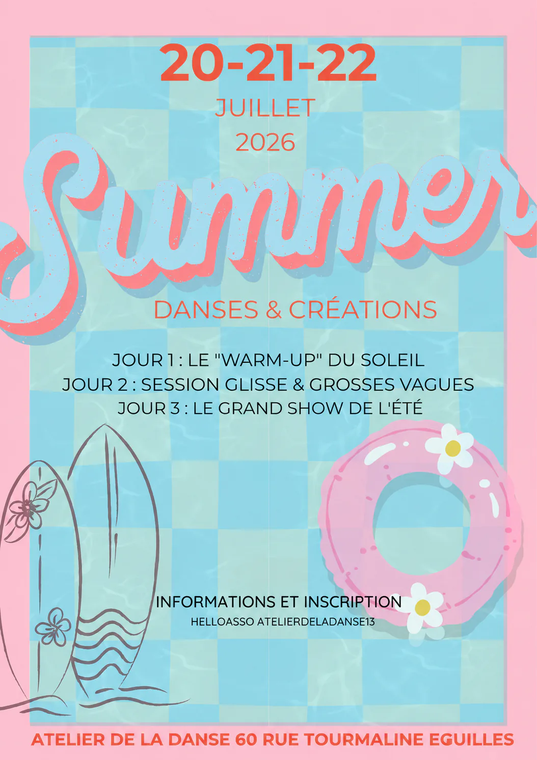 Affiche du stage d'été 2026 de l'Atelier de la Danse, 20 au 22 juillet
